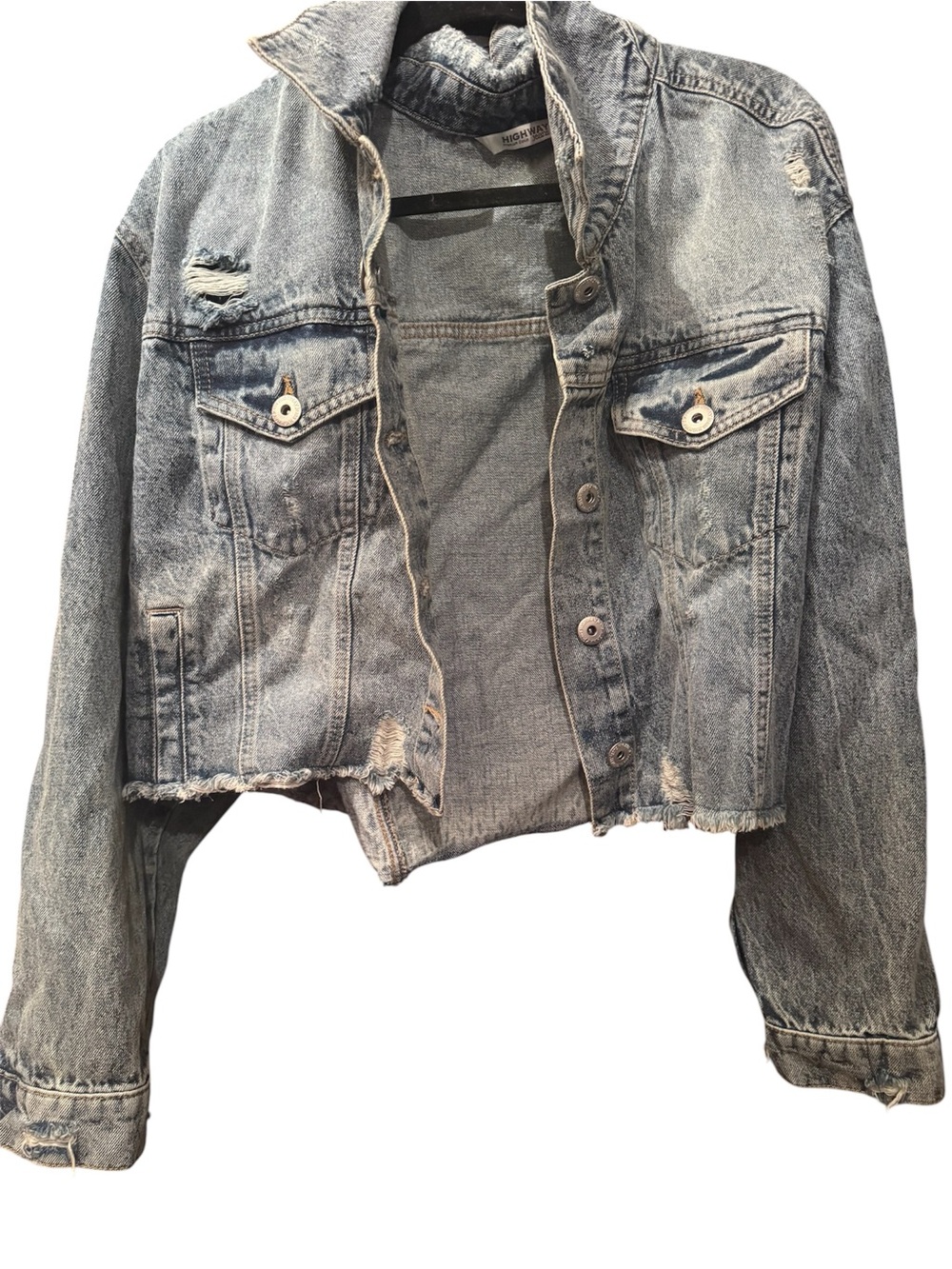 Distressed Washed Denim Cropped Jean Jacket - Women